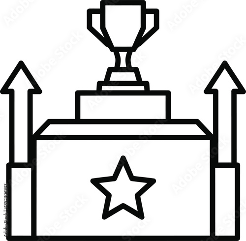 A simple line art icon of a champions trophy on a staradorned podium with upward arrows.