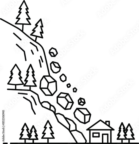 A simple line art illustration of a dangerous rockslide tumbling down a steep treelined mountain towards a small house.