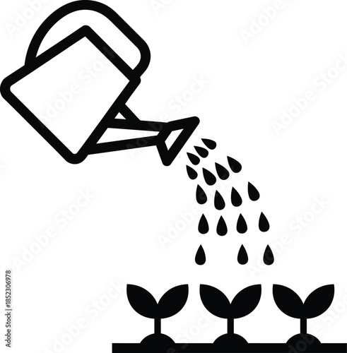 Black and white line art icon of a watering can irrigating three young plant sprouts.