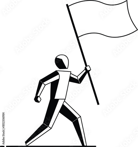 A stylized geometric figure in black and white marching forward and holding a blank waving flag.
