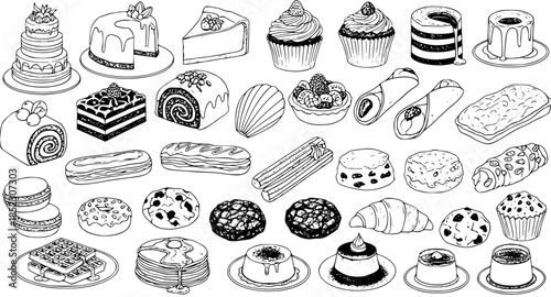 Black and White Line Art Vector Set of Delicious Desserts and Pastries, Sweet Food Collection