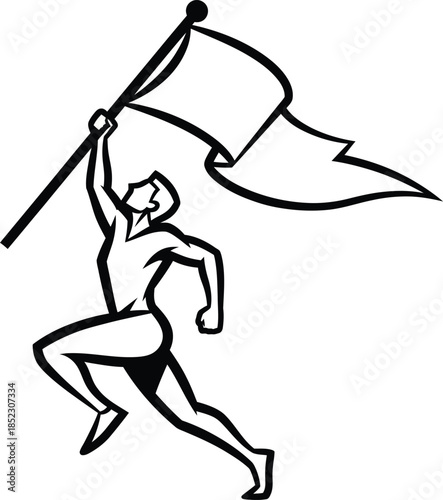Bold black outline of a triumphant athlete running and holding a large waving flag aloft.