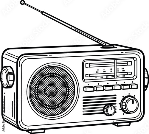 Detailed line art illustration of a vintage portable radio with an extended antenna speaker and tuning knobs.