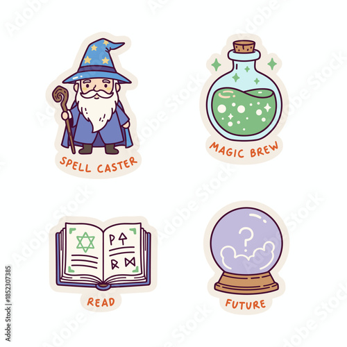 Magical Stickers - Wizard, Potion, Book, Crystal Ball for Fantasy Designs.