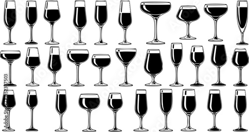 Vector Collection of Black and White Line Art Wine and Champagne Glasses, Barware Icons, Beverage Service