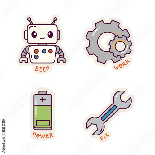 Robot, Gears, Battery, and Wrench Stickers - A Tech-Themed Collection.
