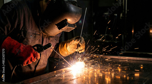 Skilled welder in protective gear creates sparks while working on metal in a dark workshop
