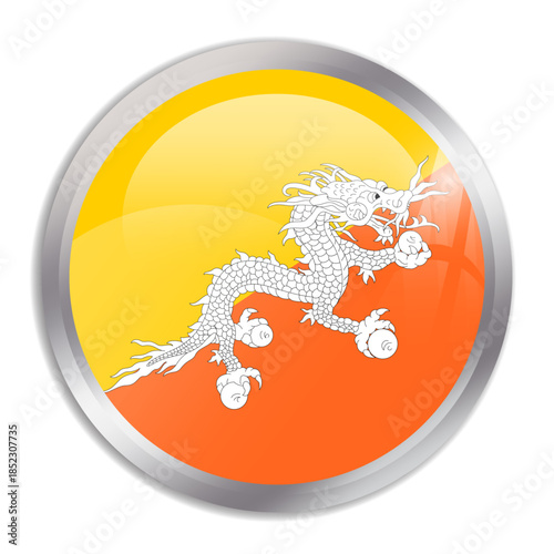 Bhutan flag - glossy circle button in metal frame displays a colorful flag of a country cultural identity and heritage. The essence of national pride and unity.