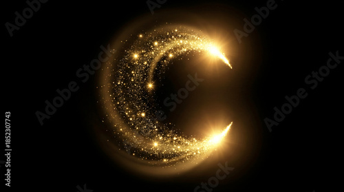 Golden crescent moon shape made of sparkling glitter particles on a dark background