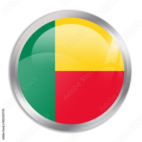 Benin flag - glossy circle button in metal frame displays a colorful flag of a country cultural identity and heritage. The essence of national pride and unity. Free Download Benin flag - glossy circle button in metal frame displays a colorful flag of a country cultural identity and heritage. The essence of national pride and unity. - GFXLoad