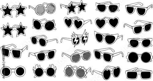Black and White Line Art Collection of Diverse Novelty Sunglasses and Eyewear
