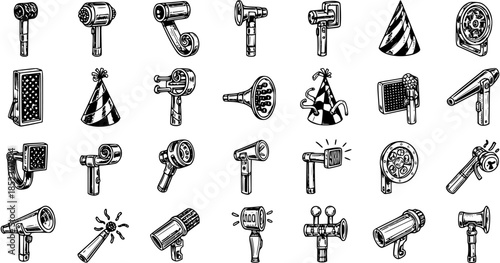 Black and White Line Art Icons of Party Horns, Megaphones, and Party Hats for Celebration and Events