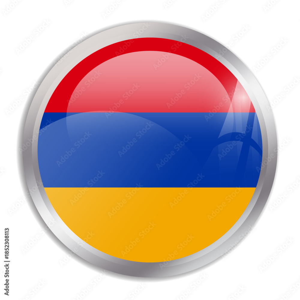 Fototapeta premium Armenia flag - glossy circle button in metal frame displays a colorful flag of a country cultural identity and heritage. The essence of national pride and unity.