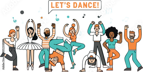 Group of young happy dancing people, dancing characters. Dance party, disco