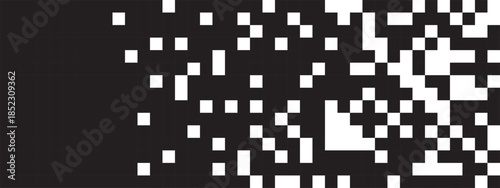 Pixel background with scattered effect. Square dots texture. Chaotic mosaic pattern. Defragmentation, fractured, dissipated or dissolution process. Arcade 8bit game print. Vector graphic illustration