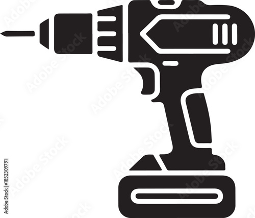 Black and white of a power drill with a drill bit attached tool