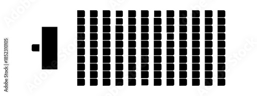 Auditorium seating floorplan top view. Schema of seats in classroom, lectorium, meeting, conference, training, seminar, business event. Desk and chairs silhouettes. Vector graphic illustration