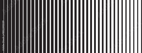 Vertical black parallel straight lines of different thickness isolated on white background. Simple striped graphic print. Shutters texture with fading effect. Vector minimalist illustration