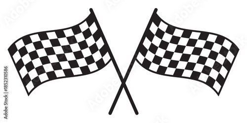 Crossed waving flags for sport car competition. Start or finish symbol. Rally, karting or motocross props. Pennants on sticks with checkered black and white print. Vector graphic illustration