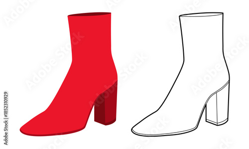 Red bold block heel boot women flat plus line set. Statement heel with strong presence for winter nights. Technical fashion illustration CAD mockup mixed vector men unisex isolated chic style