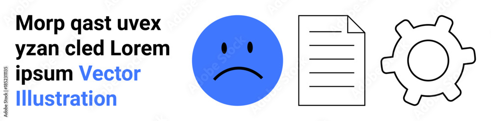 Fototapeta premium Workflow, productivity, emotional expression, system settings, office tools, technology usage. Sad face in blue circle, document gear icon in line style. Workflow and productivity concept