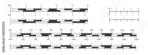 Set of different line and bar map scales with kilometers and miles. Distance measurement chart templates for navigation. Cartography elements isolated on white background. Vector graphic illustration