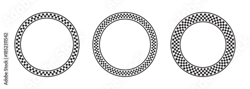 Set of checkered round frames. Vignettes with checkerboard, rally flag or chess game plane black and white print. Circular geometric frameworks. Vector graphic illistration
