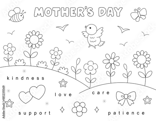 letter paper size (8.5x 11 inches) easy mother's day coloring pages for adults. cute black and white design with flowers. Exclusive on Adobe Stock.