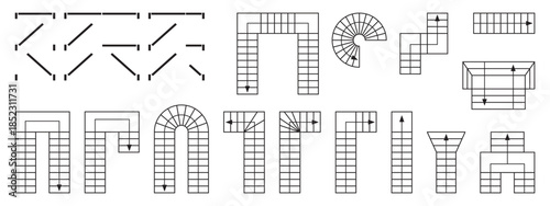 Set of doors and stairs pictograms for floorplan blueprint. Elements for interior design draft isolated on white background. Symbols for 2D architecture program. Vector graphic illustration