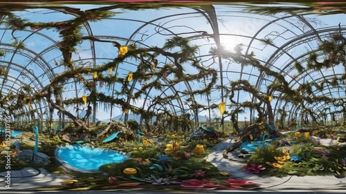 Wallpaper Mural Panoramic view of a greenhouse interior filled with vibrant flowers and plants under a clear blue sky. Perfect for backgrounds, gardening projects, and environmental presentations. Torontodigital.ca