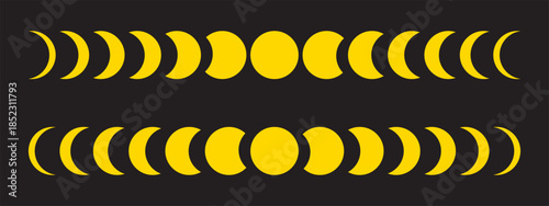 Moon phases. New, quarter, crescent and full Luna or eclipse yellow silhouettes isolated on black background. Lunar calendar cycle. Astrology sings. Mystic boho symbols. Vector flat illustration