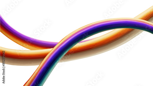 Abstrakte, geschwungene Linien in leuchtenden Lila- und Orangetönen vor weißem Hintergrund mit transparentem Effekt.