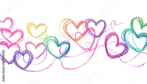 Bunte, handgezeichnete Herz-Skizzen als fröhliches, transparentes Banner für Liebe und Romantik.