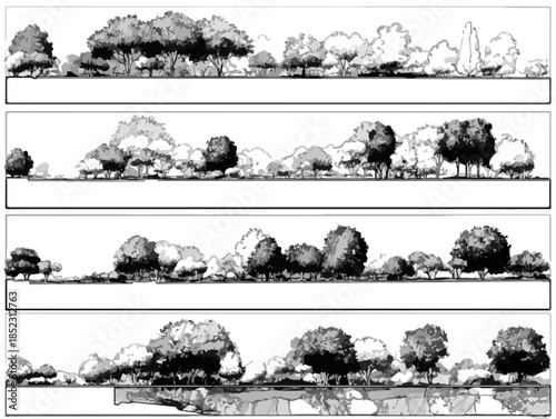 Vier Reihen von detaillierten Schwarz-Weiß-Baum-Silhouetten und Waldrändern für Architekturvisualisierungen.