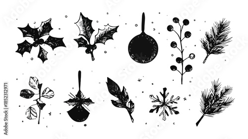 Handgezeichnete Schwarz-Weiß-Symbole für Weihnachten mit Stechpalme, Tanne und Schneeflocke auf transparentem Hintergrund.
