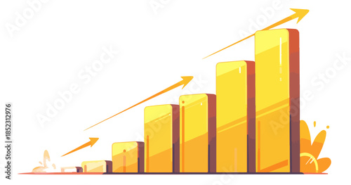 Goldener Balkendiagramm mit steigenden Pfeilen symbolisiert Wachstum, Erfolg und positive Entwicklung auf weißem Hintergrund.