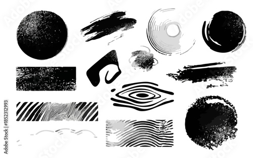 Sammlung verschiedener schwarzer Grunge-Pinselstriche, Kreise und Texturen mit transparentem Hintergrund