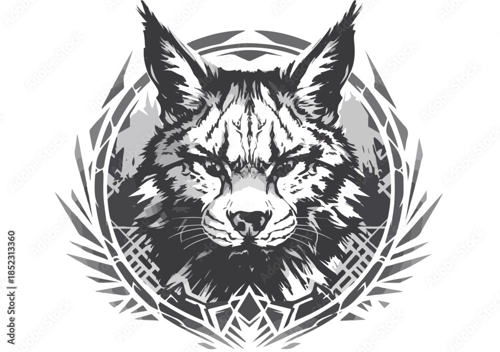 Fototapeta premium Stilisiertes Schwarz-Weiß-Porträt eines Luchs-Kopfes mit geometrischem Rahmen, ideal für T-Shirt-Design.