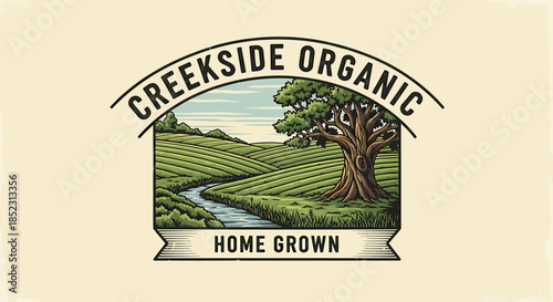 Scenic Organic Farm Landscape with Tree and Rolling Hills Illustration, Creekside Homegrown Natural Environment View