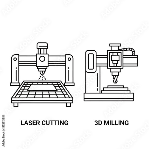 Laser cutting and 3D milling machines in industrial workshop with detailed technical line art, front view, manufacturing technology concept