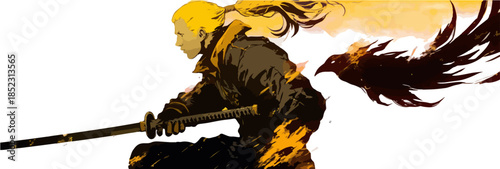 Stilisierte Kriegerin mit Katana und dunklem Vogel vor hellem, transparentem Hintergrund im Manga-Stil.