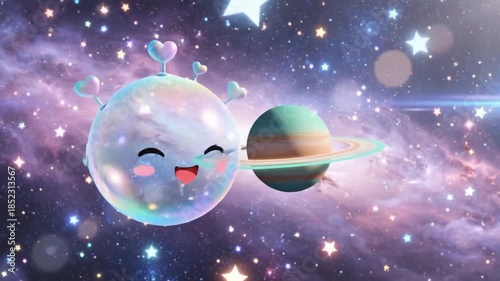 A smiling planetoid with hearts in the cosmic expanse of purple, pink and blue colors