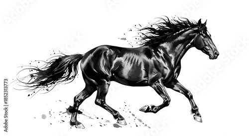 Galloping Black Horse in Motion, Dynamic Animal Illustration, Studio Environment, Side View, Artistic Energy Concept