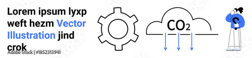 Gear symbolizes industry, CO2 cloud shows emissions, arrows for downward flow, and telescope user emphasizes monitoring. Ideal for sustainability, environment, industry, energy, emissions pollution