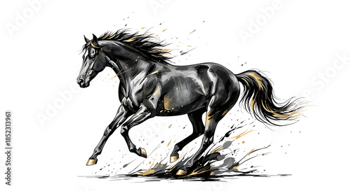 Galloping Black Horse Action in Dynamic Outdoor Environment, Artistic Illustration with Dust Trail, Side View Capturing Speed and Power