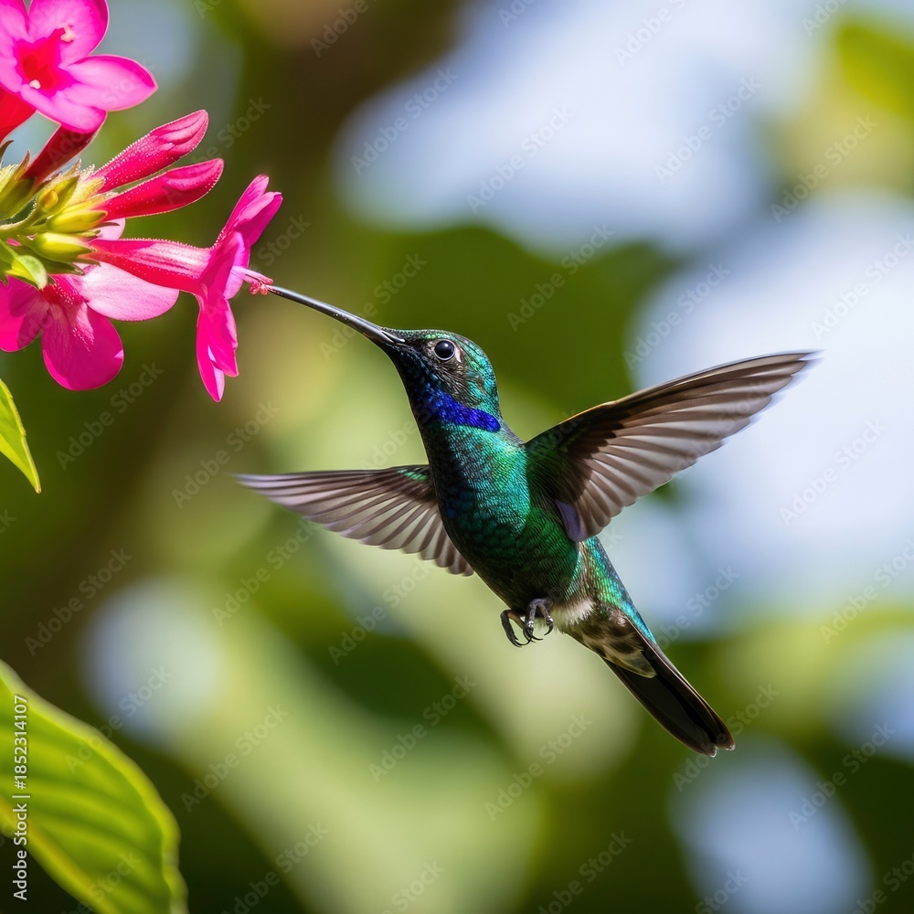 Naklejka premium Vibrant Hummingbird Nectaring from a Pink Flower in Lush Garden.