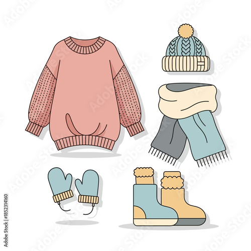 Cozy winter clothing set including a pink sweater scarf mittens and boots for cold weather wear