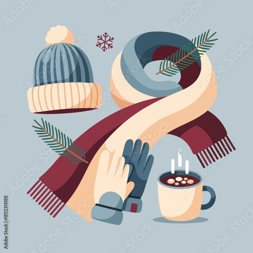 Cozy winter scene with warm drink, cozy scarf, hat, and gloves for cold weather