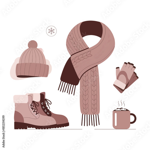 Winter Outdoor Clothing and Accessories Collection Featuring Hat Scarf Gloves Boots and Mug for