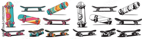 Skateboards collection in various poses with transparent background